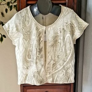 NWT CHICO'S Beaded Foil Print Gold/Ivory Cardigan Sweater